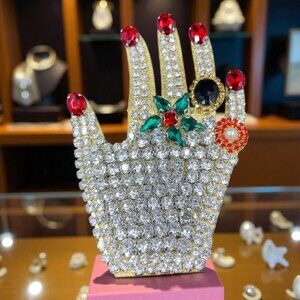 Statement Hand Brooch Rhinestone Crystal Maximalist Pin Vintage Art To Wear